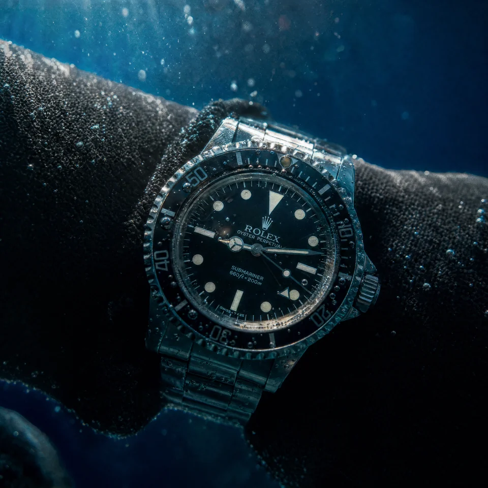 AI-generated close-up of a no-date Submariner on a diver’s wrist underwater.