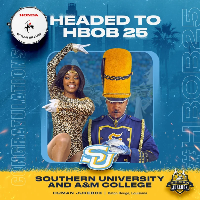 Southern University and A&M College band announcement in blue and gold.