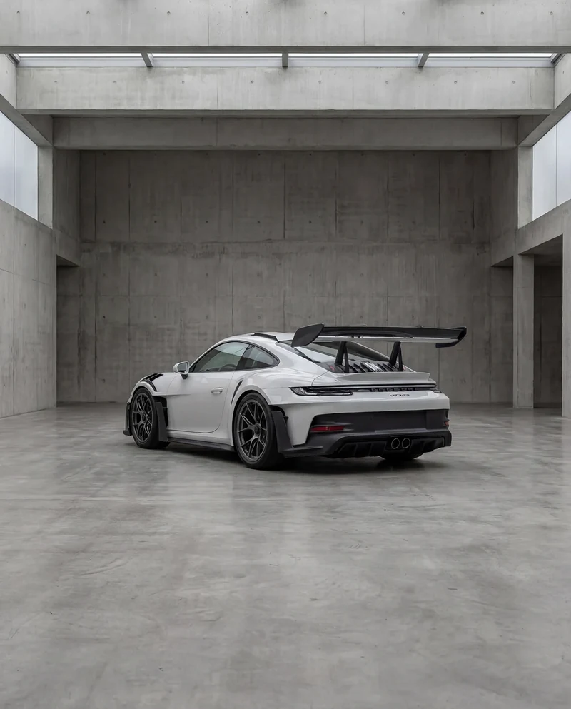 AI-generated rear three-quarter view of the GT3 RS in a concrete space.