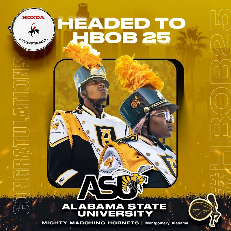 Alabama State University band announcement featuring musicians in gold uniforms.