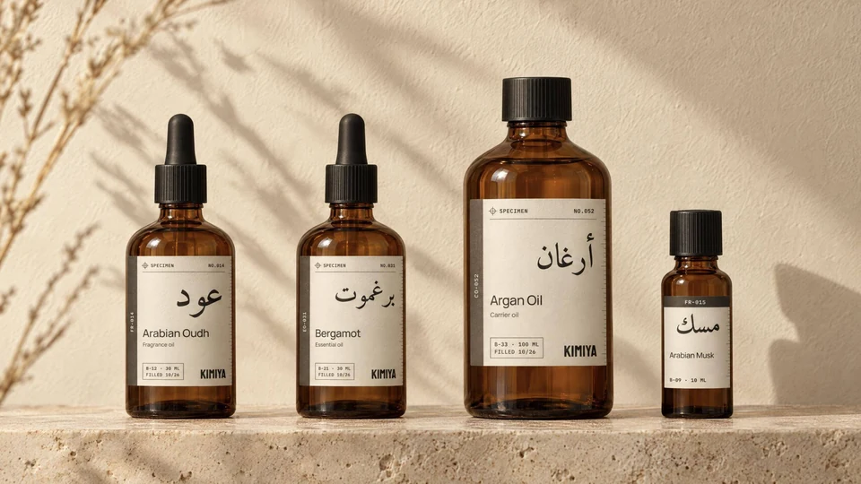 Four amber KIMIYA bottles with specimen labels on a travertine ledge in warm afternoon light
