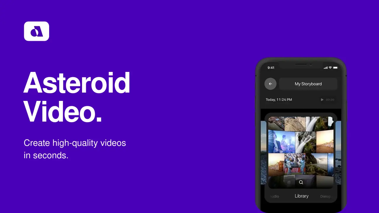 Asteroid Video logo and original storyboard interface on a purple background, with the line Create high-quality videos in seconds.