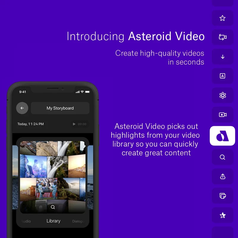 Purple Asteroid Video launch graphic with an app interface and feature icons.