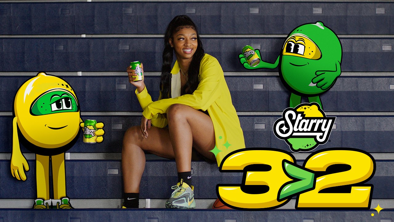 Angel Reese with Lem and Lime in the Starry 3 > 2 campaign artwork.